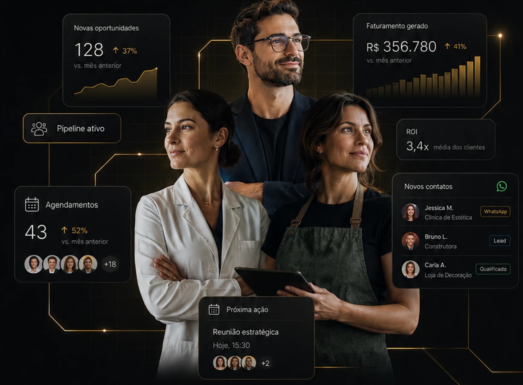 Empresários de diferentes setores em uma composição ilustrativa sobre oportunidades e vendas