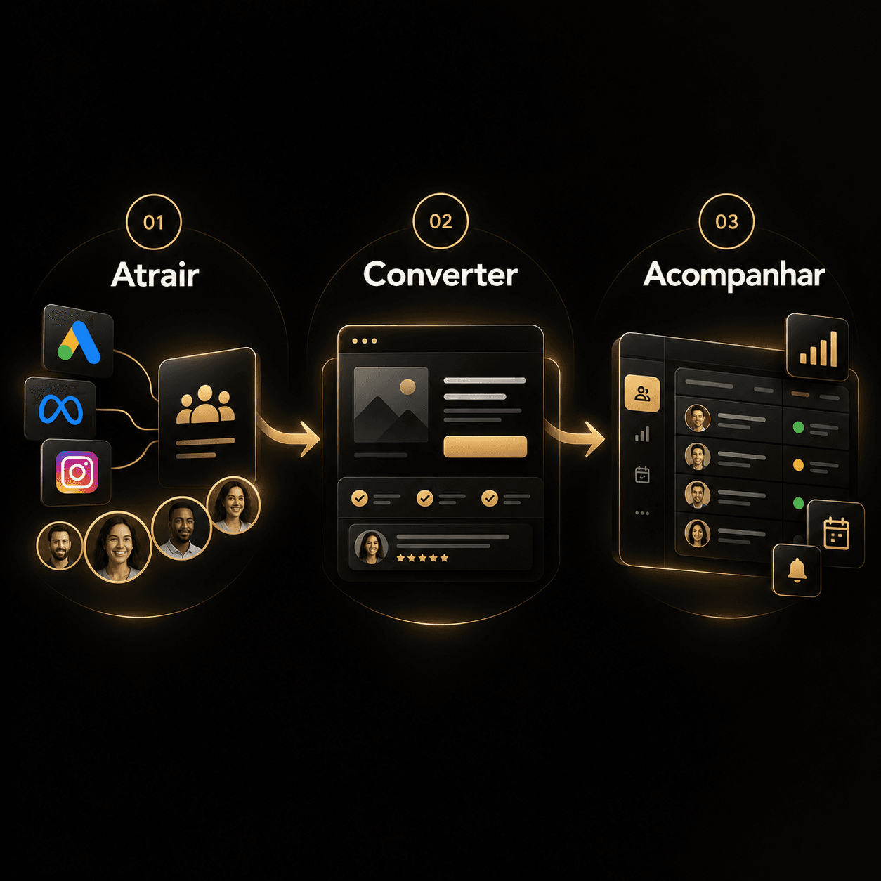 Método Elite: 01 Atrair com Google, Meta e Instagram; 02 Converter com uma página clara; 03 Acompanhar os contatos no CRM.
