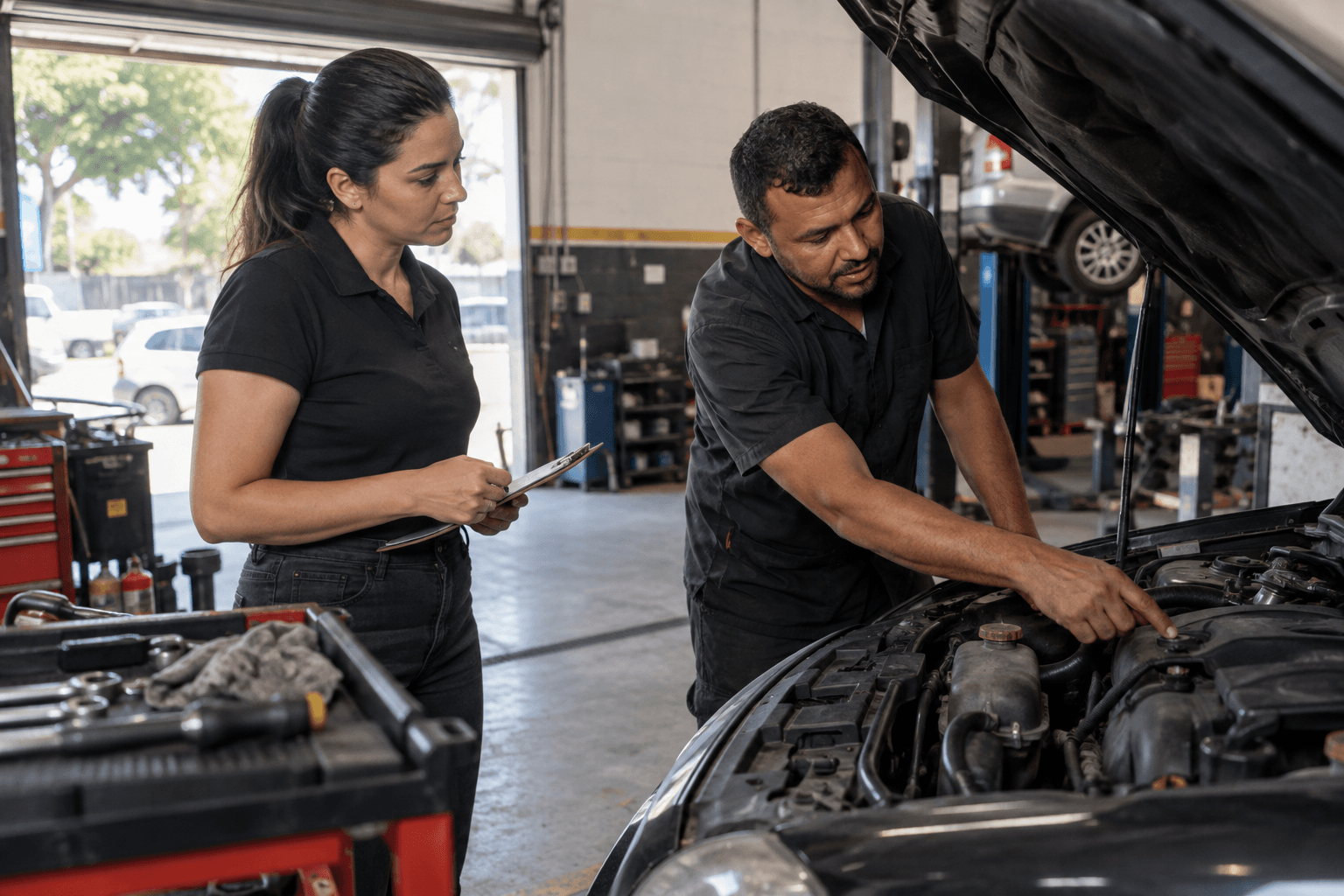 Mecânico e consultora trabalhando em uma oficina automotiva — imagem ilustrativa